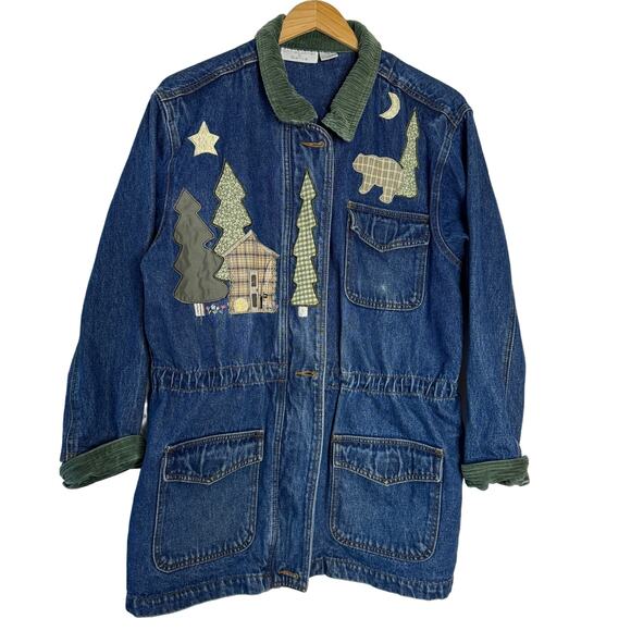 Christopher &‎ Banks Chore Barn Jacket Womens Medium Blue Denim Embroidered Tree - Picture 1 of 11